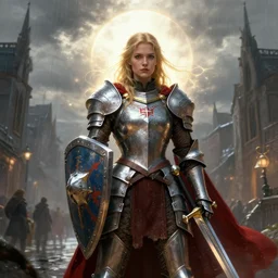 epic portrait of a paladin woman with loose blonde hair with a shield on the left hand and a sword on the right hand, with plate armor and a red cape, on the streets of a fantasy town, cloudy, rain, glowing, huge, broad light, ambient occlusion, volumetric light effect, made by ivan aivazovsky, peter mohrbacher, greg rutkowski, matte painting, trending on artstation, 4 k, perfectly defined features, digital painting,