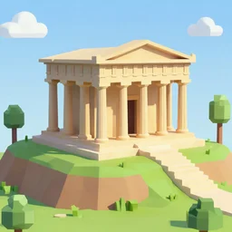 ancient greek temple on a hill, low poly, game concept,