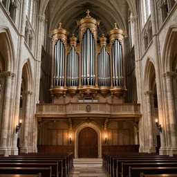 a complex ancient pipe organ cathedral interior, 4 k, stone pews, torches, lighting, unreal engine 5 render, natural color scheme, architectural photography, f 3 2, style of alan lee and john howe