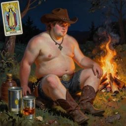 an ethereal dramatic painting of a shirtless handsome! chubby mischievous cowboy | background is a dark night with a serene campfire | tin cans and jugs of whisky | tarot card, art deco, art nouveau | by Mark Maggiori | trending on artstation