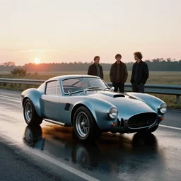 vintage sports car on the highway, puddles of water, sunrise, by scott listfield, simon stalenhag and ian mcque, washed colors, grainy