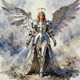 concept art of an empress angel in armor rococo outfit, pinterest, artstation trending, behance, watercolor, by coby whitmore, silver, laser light,