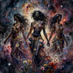 a beautiful watercolour of black goddesses in a sea of nebulae, blossom, flowers, lights, in the style of delphin enjolras, intricate, ultrarealistic, cinematic, dynamic lighting, artstation,
