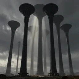 concept art, architecture design, tall black cone towers with thick top and thin bottom, god rays, greg rutkowski, james gurney, johannes voss, unreal engine, hyperdetailed, 4 k