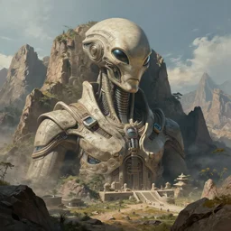 highly detailed professional landscape painting of ancient monumental alien bust carved into the mountains trending on artstation, ultra detail, atmospheric lighting, sci - fi, futuristic, cyberpunk