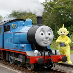 still frame from thomas and friends by beksinski, happy teletubbies train by wayne barlowe, eldrich see train