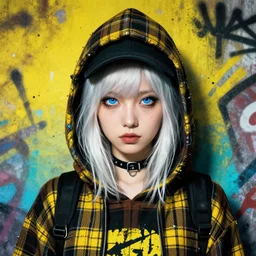 highly detailed portrait of a sewer punk lady student, blue eyes, tartan hoody, hat, white hair by atey ghailan, by greg rutkowski, by greg tocchini, by james gilleard, by joe fenton, by kaethe butcher, gradient yellow, black, brown and cyan color scheme, grunge aesthetic!!! ( ( graffiti tag wall