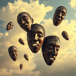 african masks falling from the sky, surrealism,