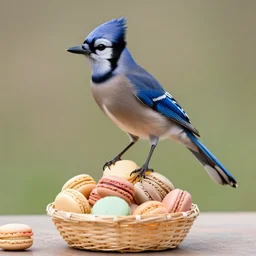 a tall blue jay bird standing on top of a basket of macaroons on a table