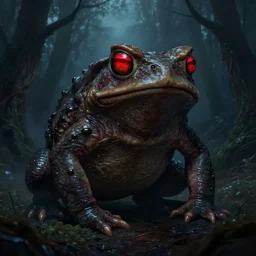 digital painting of a giant evil monsterous slimy toad in the dark forest, glowing red eyes, slimy toads, dark night, midnight, foggy, atmospheric, highly detailed, hyperrealistic, gothic horror, trending on artstation, gross, pan's labyrinth, digital art, dark fantasy, by a creature artist