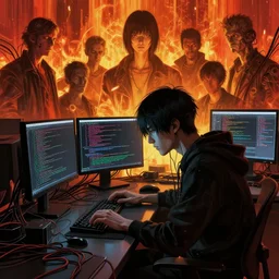 dark cyberpunk man coding, a lot of wires around, by ayami kojima, by francis bacon, by amano, by karol bak, greg hildebrandt, by mark brooks, by alex grey, by zdzisław beksinski, by takato yamamoto, wrapped thermal background, artstation, 8 k