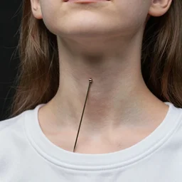 full very close up neck shot of a beautiful skinny choir girl, in tshirt with sewing needle pointing at neck, faceless, by saruei and guweiz and ilya kuvshinov, digital art, highly detailed, intricate, sharp focus, trending on artstation hq, deviantart, pinterest, unreal engine 5, 4 k uhd image