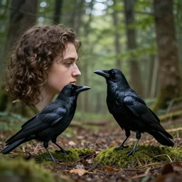 mixture between a!!!! human and crow, photograph captured in a forest