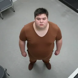 fat man in brown clothing, high angle security camera footage,