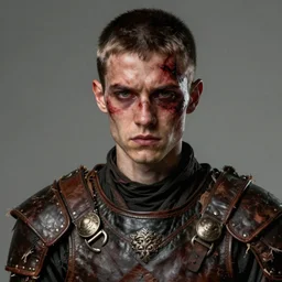portrait painting of young man with severe burn scars on his face and poorly cut very short hair with a bitter expression wearing tattered leather armor, ultra realistic, concept art, intricate details, eerie, highly detailed, photorealistic, octane render, 8 k, unreal engine. art by artgerm and greg rutkowski and charlie bowater and magali villeneuve and alphonse mucha