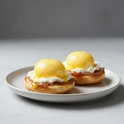 food photography of eggs benedict minimalistic side view high bokeh, cinematic studio lighting