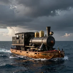 a steam engine on a homemade wooden raft in the ocean