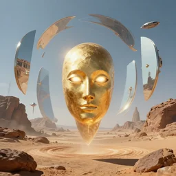 levitating glowing bene gesserit with full - face golden mask and glowing eyes in a dry rocky desert landscape, sunny atmosphere, fata morgana giant mirrors, portal, spaceship in the sky by christopher doyle and alejandro jodorowsky, anamorphic lens, kodakchrome, cinematic composition, practical effects, very detailed photo, complex structures, 8 k,