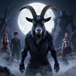 full shot portrait of angry darkness goat in super saiyan at moonlight, inspired by Tim Burton, Norihiro Yagi, Marc Simonetti, Amano, Juri Misaki, Giger, darkness background, detailed, unreal engine 4k volumetric light, fog,