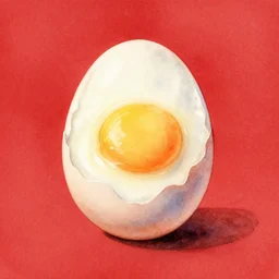 delicious egg, kseniia yeromenko, rob duenas, watercolor, illustration, red background, highly detailed