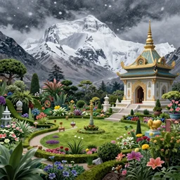 Beautiful lush eden garden on top of the highest mountain in the world, snow storm, next to a mystical temple, intricate, elegant, volumetric lighting, digital painting, highly detailed, artstation, sharp focus, illustration, concept art, ruan jia, steve mccurry