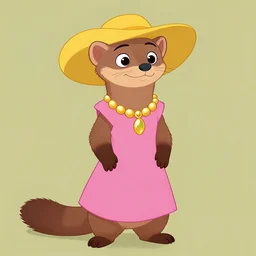 female marten character : wearing jewelry : wearing a pink dress : wearing yellow hat : head torso legs feet : lorax movie : artstation : cel shading