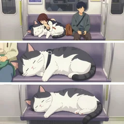 3 panel scene, anime cat sleeps in japan subway - dramatic cozy arts by wlop and okuda genso. wide angle lens. featured on pixiv, anime aesthetic. pixiv, warm aesthetic, rays of light, volumetric light, artstation, vanitas, official art, gothic, noise film photo. octane render, redshift render, ue 4