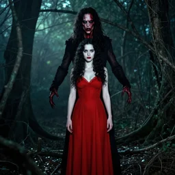 joshua middleton, tasha tudor, full body, pretty alyson hannigan, evil dead demon, evil dead movie, red dress, symmetrical eyes, symmetrical face, long curly black hair, trees, forest, branches, cinematic lighting, evil dead creature, scary, blood