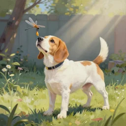 pointillism painting of a white and caramel beagle dog playing with dragonfly in a backyard, harsh lighting, detailed, trending on artstation, dull pastel colors, bright, god rays, dreamy, trending on artstation