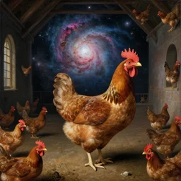 a chicken in an infinite hall in space, chicken nebula, infinite chicken, by jan van eyck