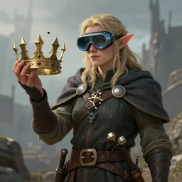 a gender neural, d & d wizard halfling, holding a broken crown, wearing a pair of welding goggles, fantasy artwork, detailed, trending artstation