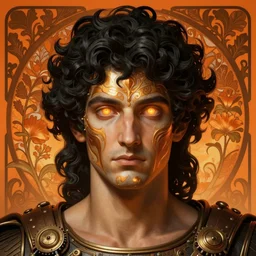 portrait of greek god ares, black curly hair, glowing eyes, volumetric lights, face ornament, orange scheme, art nouveau botanicals, gothic, intricate, highly detailed, digital painting, artstation, concept art, smooth, sharp focus, symmetric face, illustration, steampunk, art by artgerm and greg rutkowski and alphonse mucha