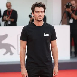 photograph of a stunningly handsome man wearing a black t - shirt with the word “ leo ” printed on it in white letters. he is standing on the red carpet at the venice film festival
