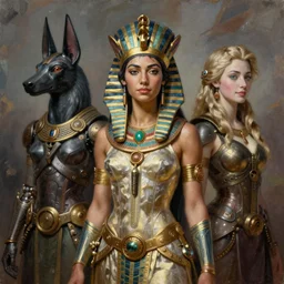 portrait oils, beautiful female hybrid cyborg atlantean anubis hada cory chase elsa jean alien warrior, regal, realistic, refined, detailed, digital art, jessica rossier, michael cheval, esao andrews, steampunk, walt disney, francois boucher, oil painting, highly detailed, cinematic lighting, unreal, natural tpose