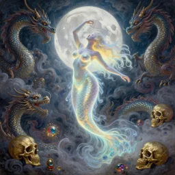 concept art of translucent glowing curvy siren dancing, big booty, flowy, melting, round moon, swirly clouds, very detailed, volumetric light, mist, fine art, textured oil over canvas, dragons, epic fantasy art, very colorful, ornate intricate scales, gold skulls, fractal gems, 8 k, hyper realistic, high contrast