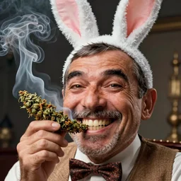 hyper realistic, close up portrait of a mega derpy mr. bean!, big chungus, with bunny ears, smoking massive amounts of weed, big smile, buck teeth, by greg rutkowski, scott m fischer, artgerm, loish, slight glow, atmospheric, anne stokes, alexandros pyromallis, giger, 4 k, 8 k