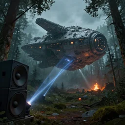 a giant megastructure spaceship wrecked and lost in the forest, a small fire in the distance, powerful laser light and large sound system on the left close to the camera, detailed digital art by greg rutkowski.