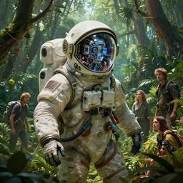 view of a future cosmonaut with helmet having cybernetics and wirings exploring a jungle, d & d, trending on artstation, art by rossdraws, petros afshar, tom whalen, laurie greasley and greg rutkowski and ilya kuvshinov, global illumination