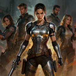 lara croft wearing metal gear armor holding gun dramatic lighting art by brandon anschultz by yoji shinkawa by richard schmid by greg rutkowski by sandra chevrier by jeremy lipking cinematic dramatic brush strokes background