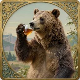 an bear drinking tea in art nouveau style