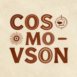 a font design fot the word cosmovision, aboriginal, rustic