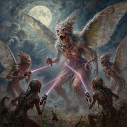 concept art of giant mutant fairy attack, lovecraftian, lots of teeth, melting horror, fluffy feathers, round moon, rich clouds, fighting the horrors of the unknown with laser, high resolution, very detailed, colorful, roaring, volumetric light, mist, grim, fine art, decaying, textured oil over canvas, epic fantasy art, very ornate