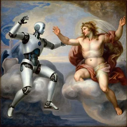 robot touches athletic human on clouds, classical religious painting by michelangelo di lodovico buonarroti simoni