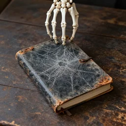 a photo of hand skeleton above a dusty diary book, cover with web, rusty and old table
