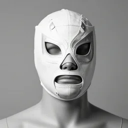 medium head to shoulder shot, monochromatic studio photo of wrestling masks on mannequin head display, laced, realistic, artistic tribal patterns, insanely intricate details