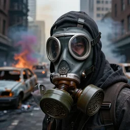 post - apocalyptic city streets, close - up shot of an anarchist with a gasmask, burned cars, colorful smoke, hyperrealistic, gritty, damaged, dark, urban photography, photorealistic, high details