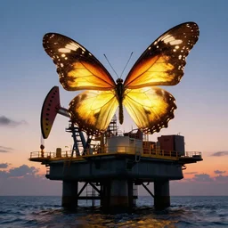 in the evening a large, glowing butterfly perches on an oil platform. by moebius