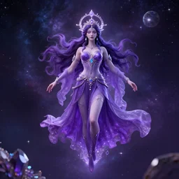 Celestial goddess of time and space floating in the cosmos striking beauty oracle trending on artstation purple amathist color scheme + gemstone crystals + realistic + photorealistic + octane render + 3d render