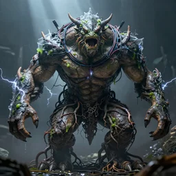 high resolution photo of a muscular creature, tree roots, veins, lightning, big muscles, sweat, slime, troll, fishlike, gills, dragonlike, grown together, overgrown, electronic wires, god rays, dark, skin, plastic wrap,