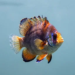 an extraordinary fish found in deepest ocean, bright colours, hairy, plain light blue background, dslr, fine details, centered
